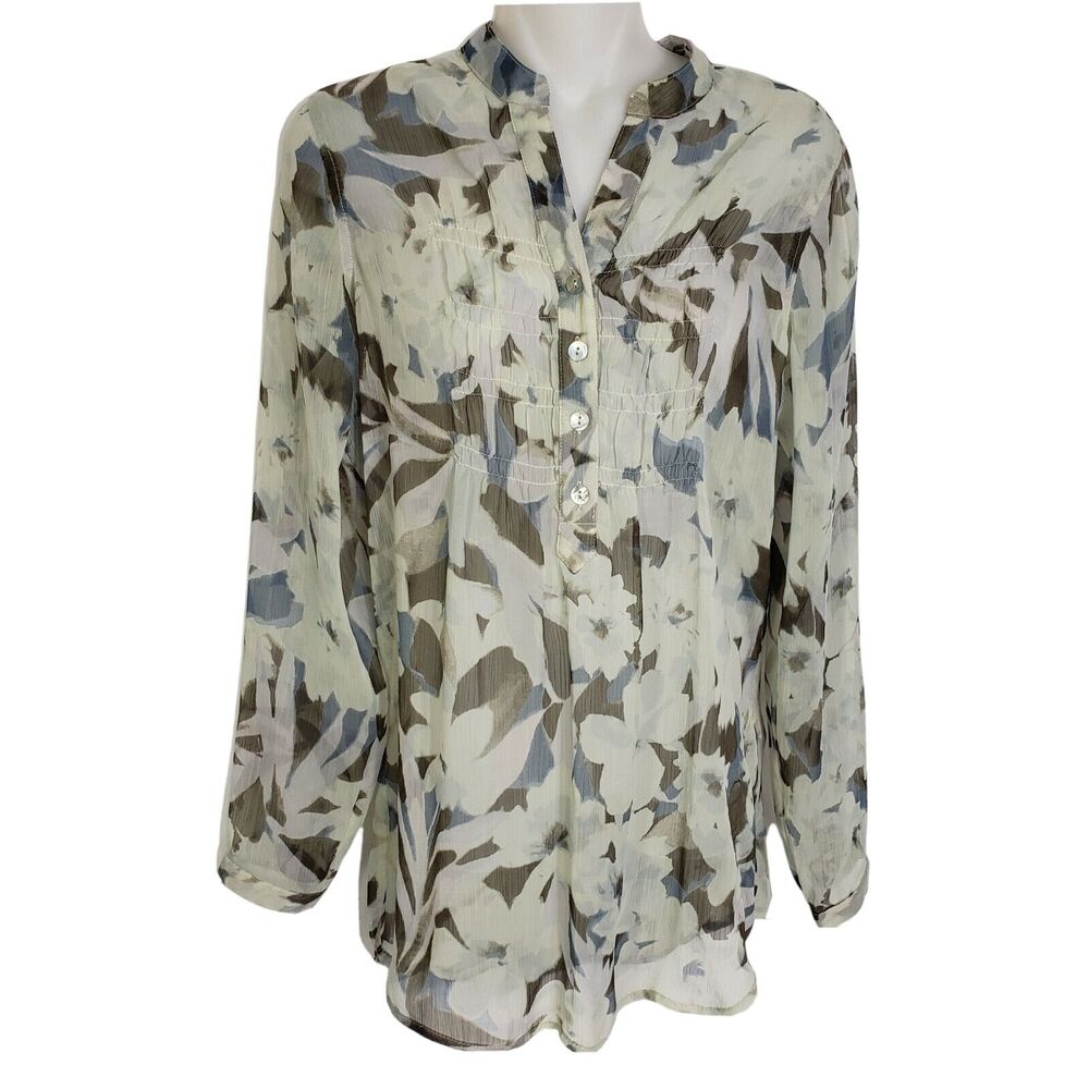 Coldwater Creek Womens Tunic Top XS 4 Sheer Mandarin Collar Printed Pullover